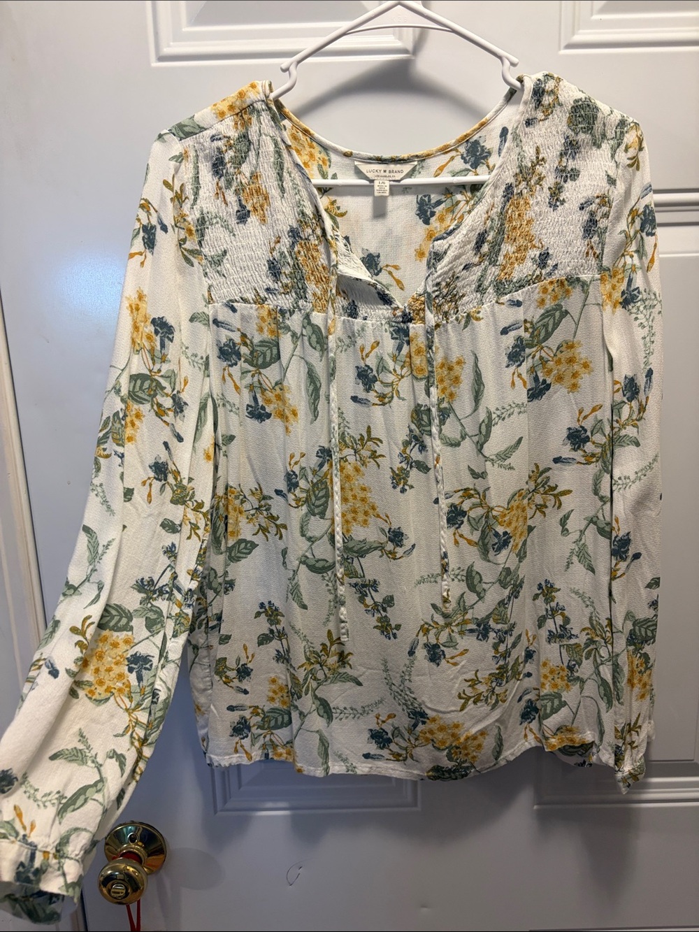 Lucky Brand White Floral Peasant Blouse with Yellow & Green Print
